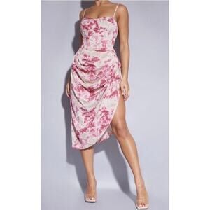 NWT PrettyLittleThing Fuchsia Tie Dye Ruched Side Midi Skirt Size 4